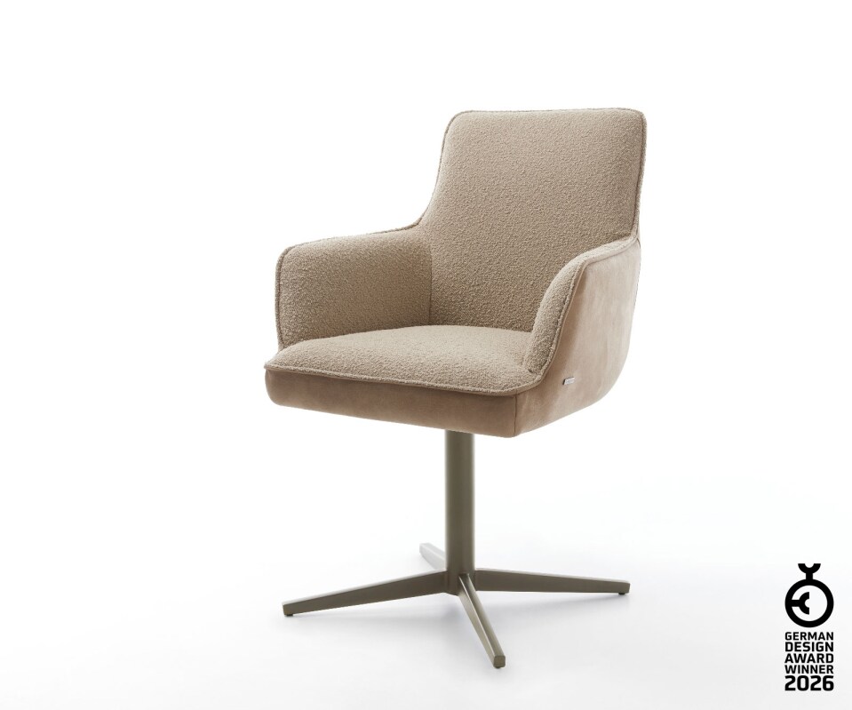 Chaise-pivotante Heira-Flex avec accoudoirs tissu mixte couleur boue pied de chaise 4 branches aspect titane pivotement sur 360° ressorts ensachés